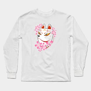 Japanese White Fox God Mask Art Kyoto Vintage Japan Sakura Samurai Tattoo T Shirt Long Sleeve T-Shirt